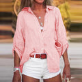 Women's Linen Oversized Button-Down Long Sleeve Shirt - Pink