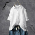 Women's Linen Ruffle-Sleeve Button-Down Shirt - White