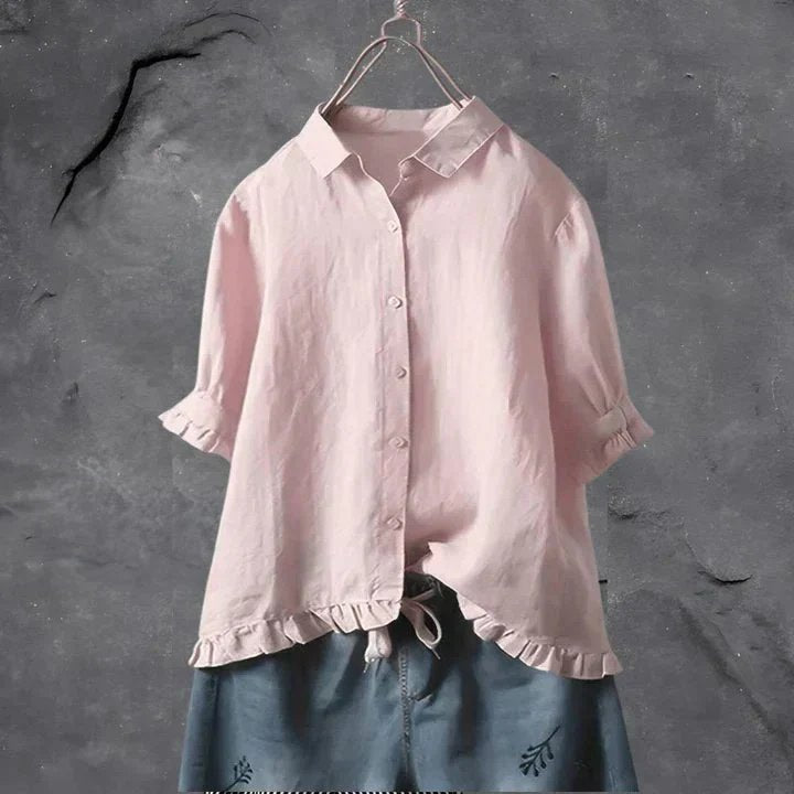 Women's Linen Ruffle-Sleeve Button-Down Shirt - Light Pink