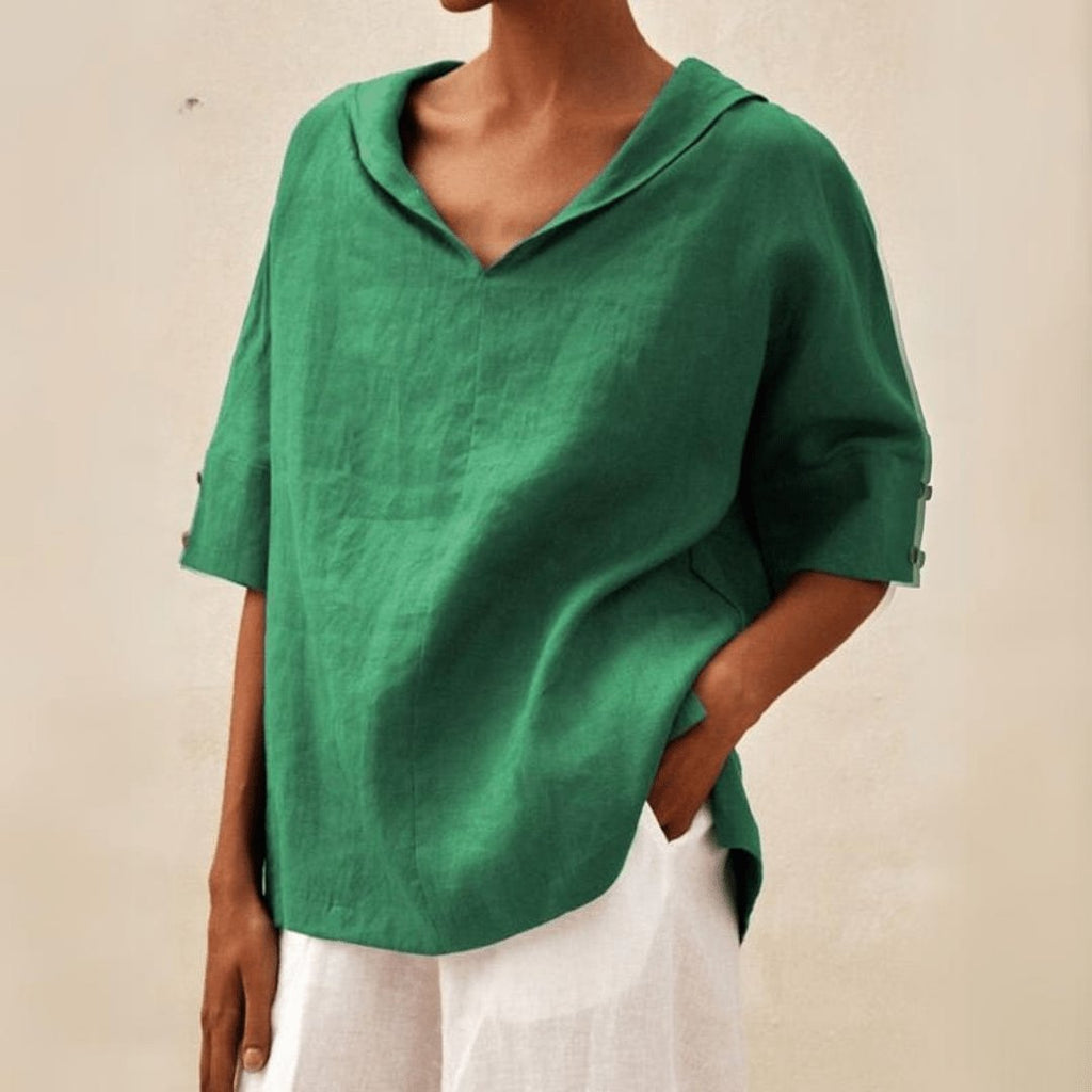 Women's Linen Tunic Top V-Neck Collared Oversized Fit - Green