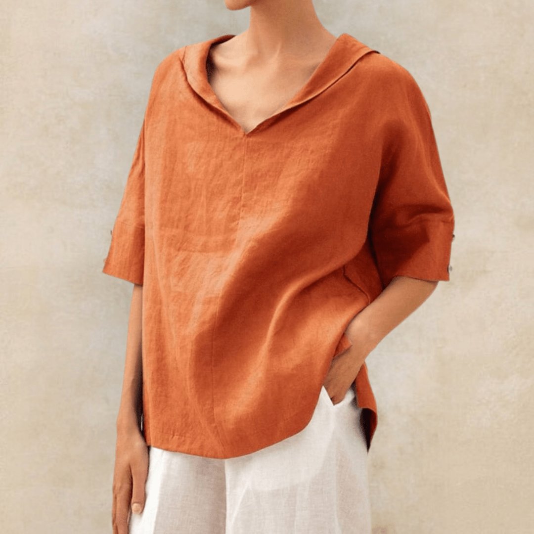 Women's Linen Tunic Top V-Neck Collared Oversized Fit - Orange