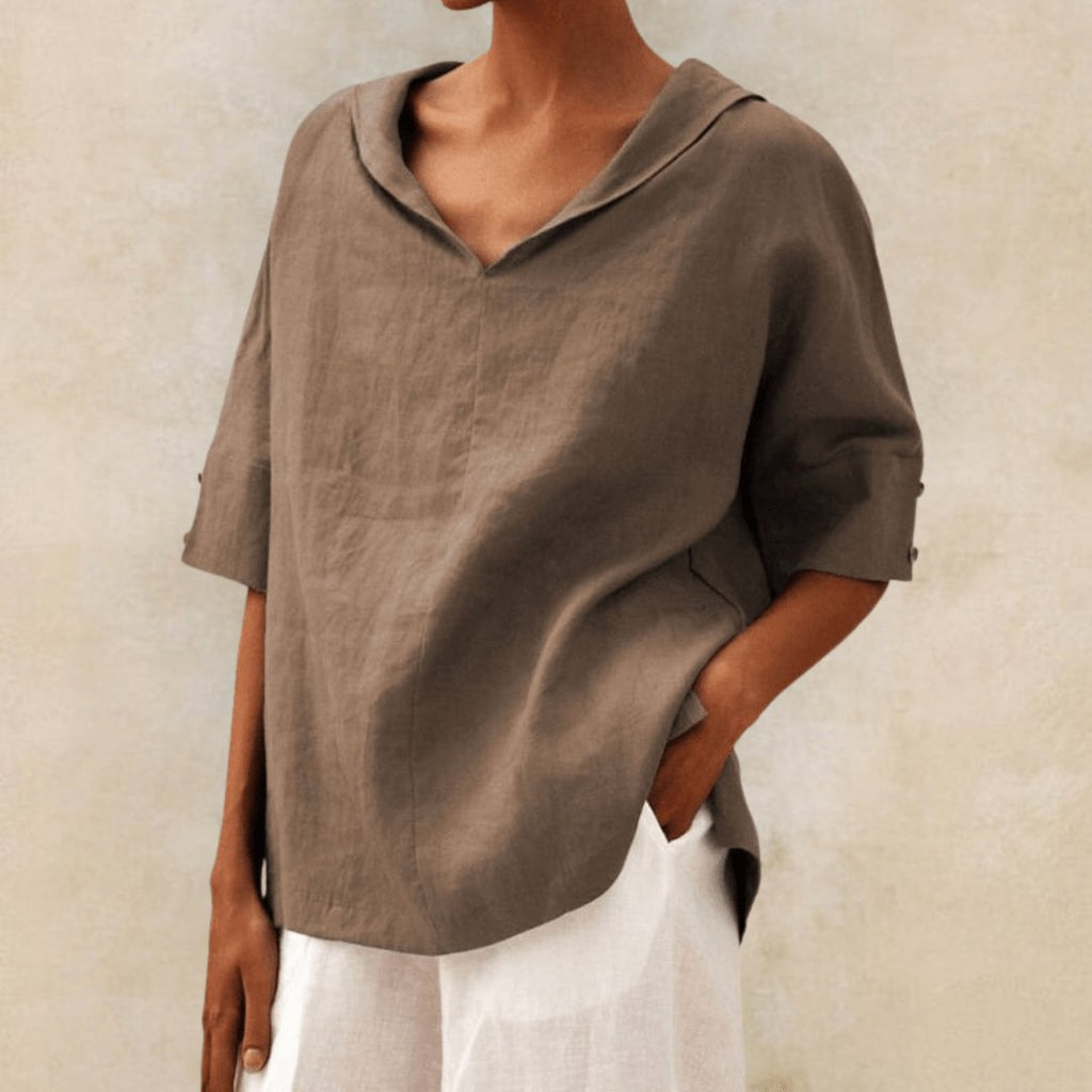 Women's Linen Tunic Top V-Neck Collared Oversized Fit - Brown