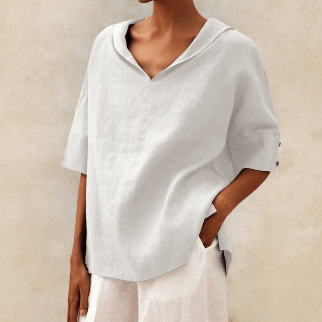 Women's Linen Tunic Top V-Neck Collared Oversized Fit - White
