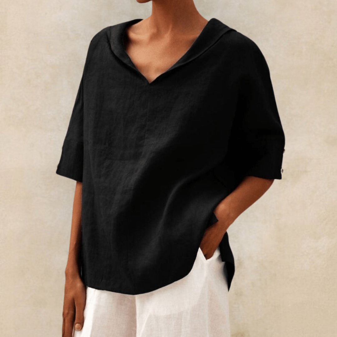 Women's Linen Tunic Top V-Neck Collared Oversized Fit - Black