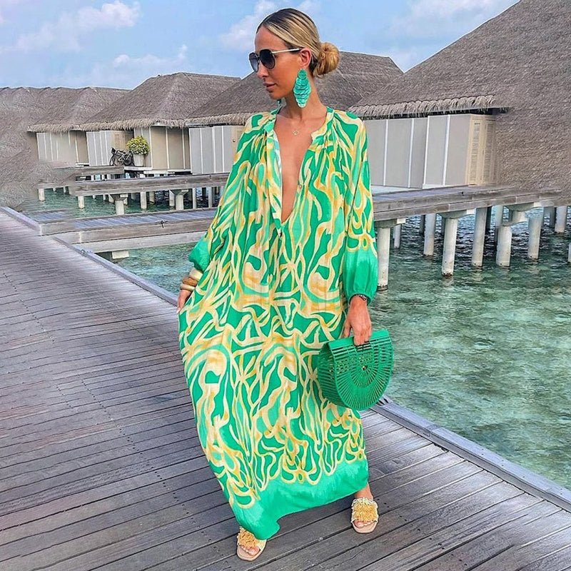 Women's Long-Sleeve Abstract Print Flowing Maxi Kaftan - Green