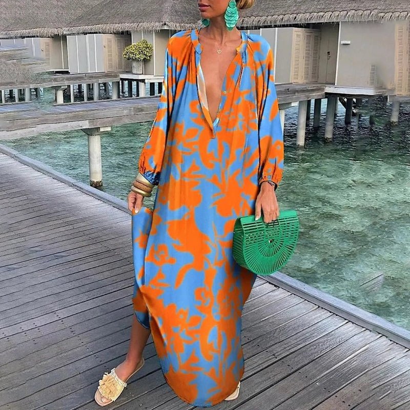 Women's Long-Sleeve Abstract Print Flowing Maxi Kaftan - Orange