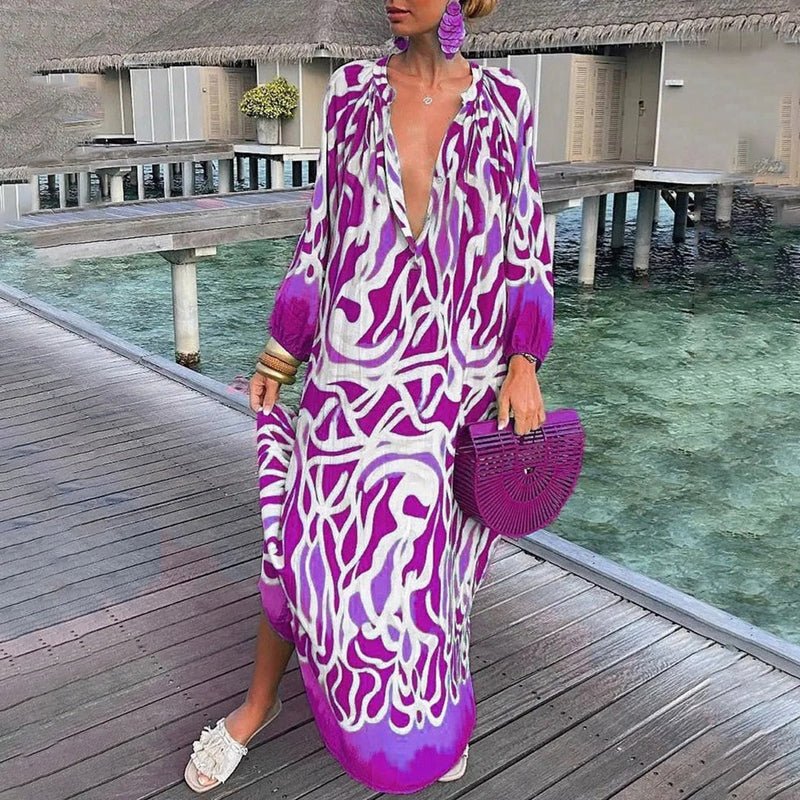 Women's Long-Sleeve Abstract Print Flowing Maxi Kaftan