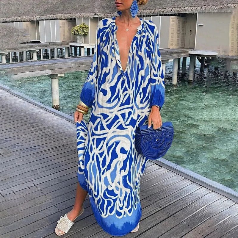 Women's Long-Sleeve Abstract Print Flowing Maxi Kaftan - Blue