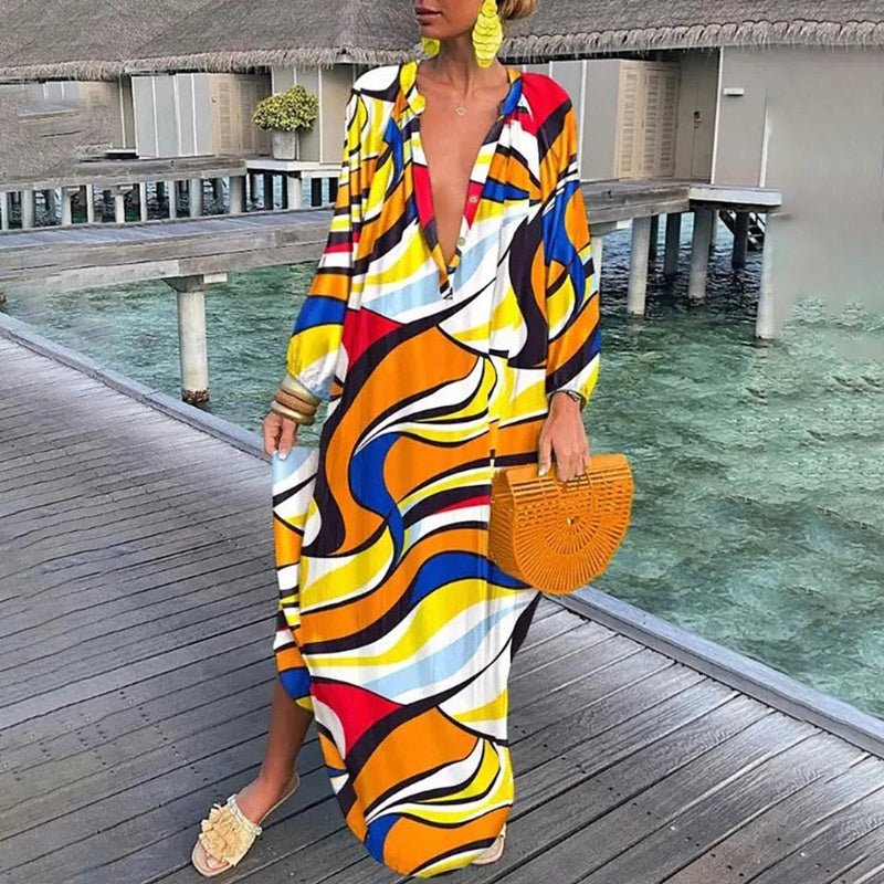 Women's Long-Sleeve Abstract Print Flowing Maxi Kaftan