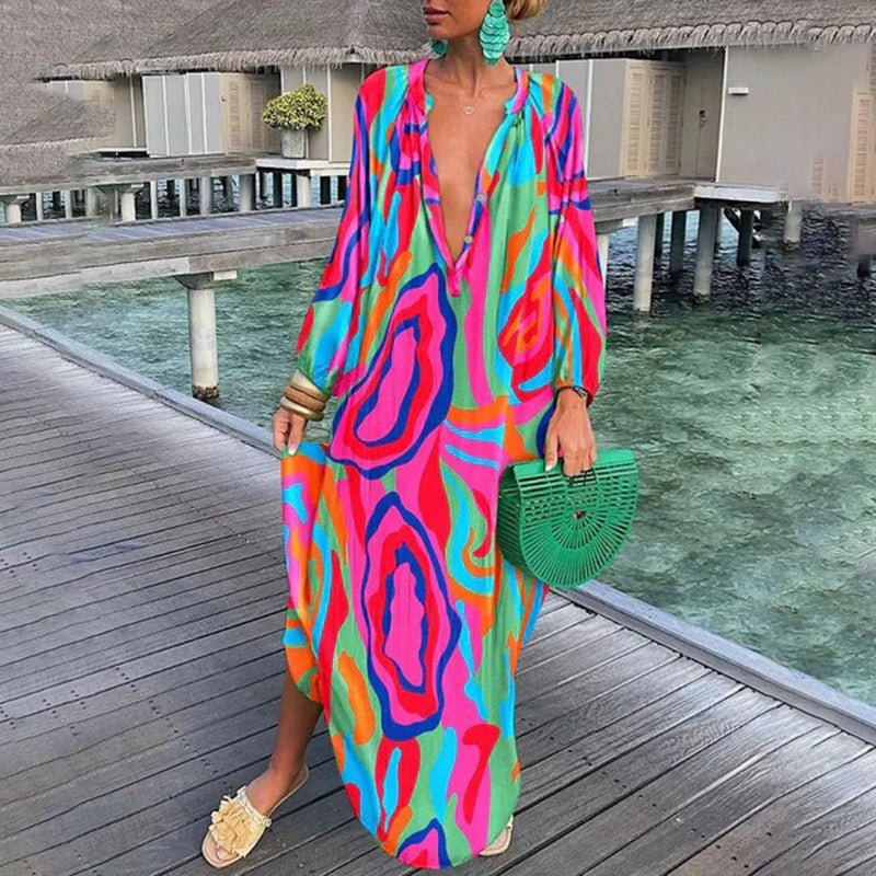 Women's Long-Sleeve Abstract Print Flowing Maxi Kaftan - Pink