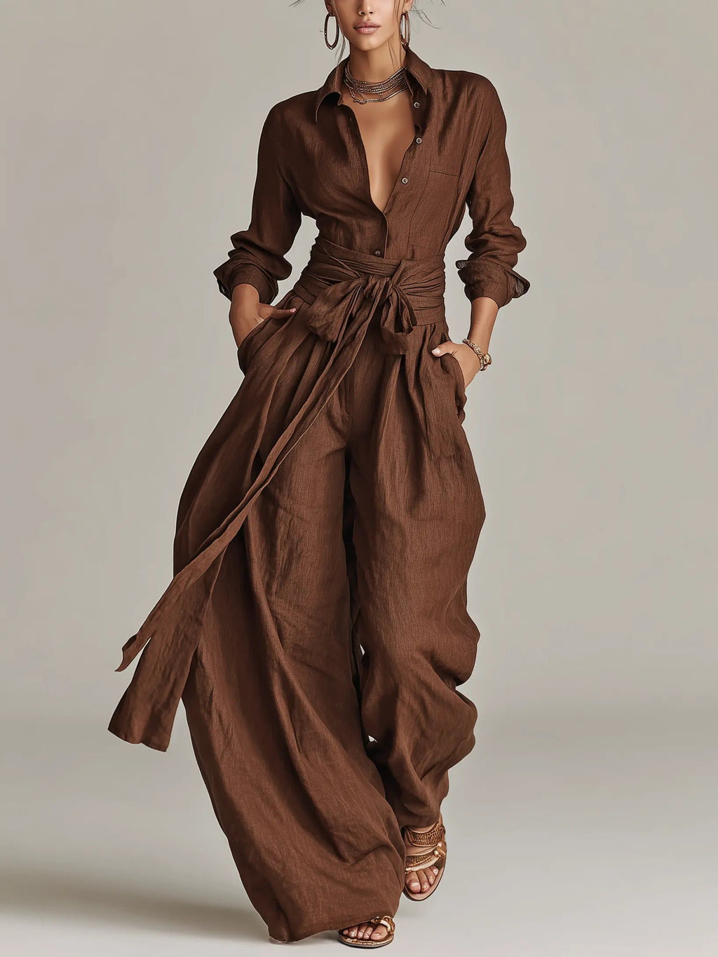 Women's Long-Sleeve Belted Cotton-Linen Shirt-Collar Jumpsuit - Brown