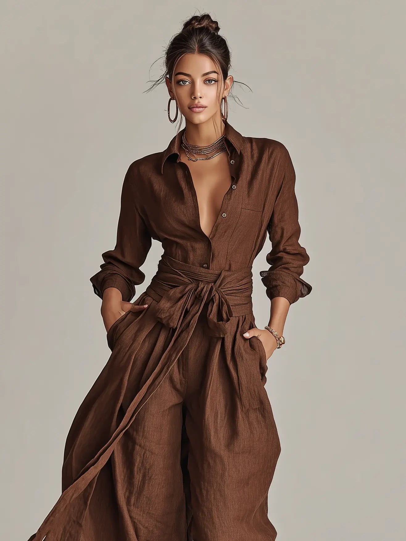 Women's Long-Sleeve Belted Cotton-Linen Shirt-Collar Jumpsuit