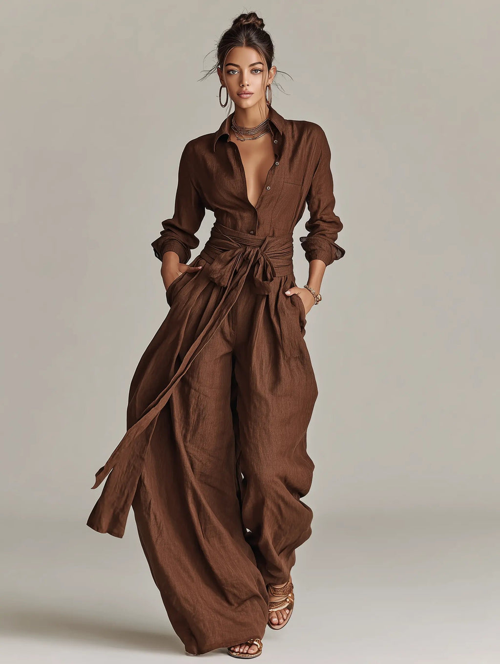 Women's Long-Sleeve Belted Cotton-Linen Shirt-Collar Jumpsuit