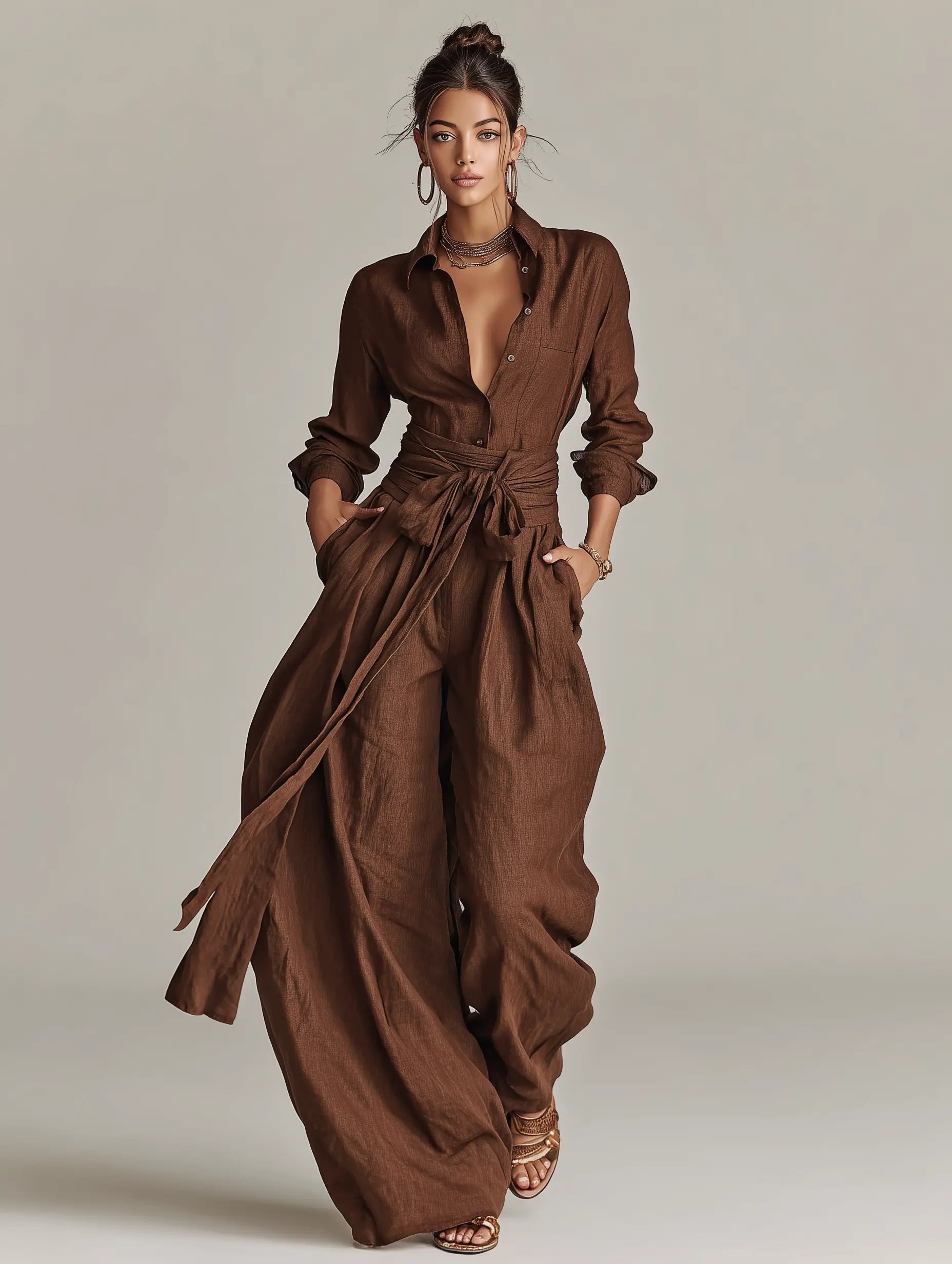 Women's Long-Sleeve Belted Cotton-Linen Shirt-Collar Jumpsuit