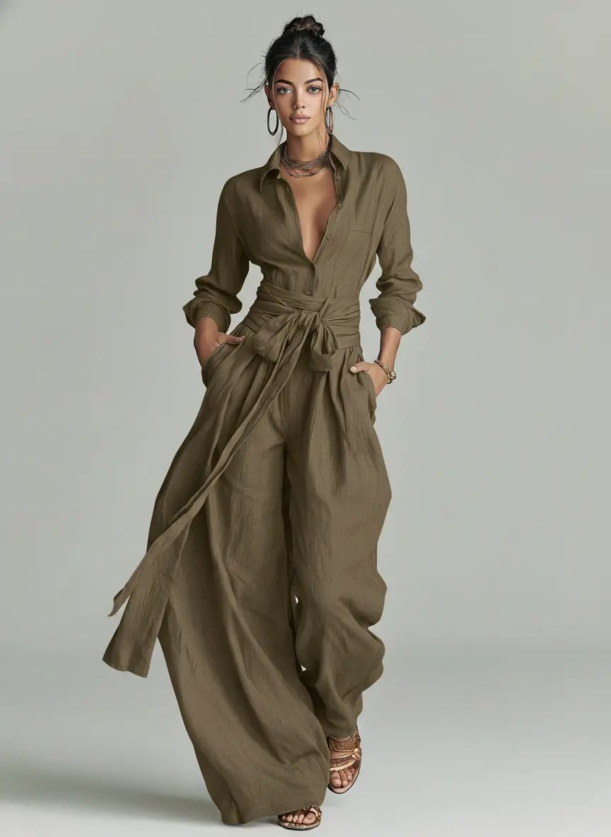 Women's Long-Sleeve Belted Cotton-Linen Shirt-Collar Jumpsuit - Cold Brown