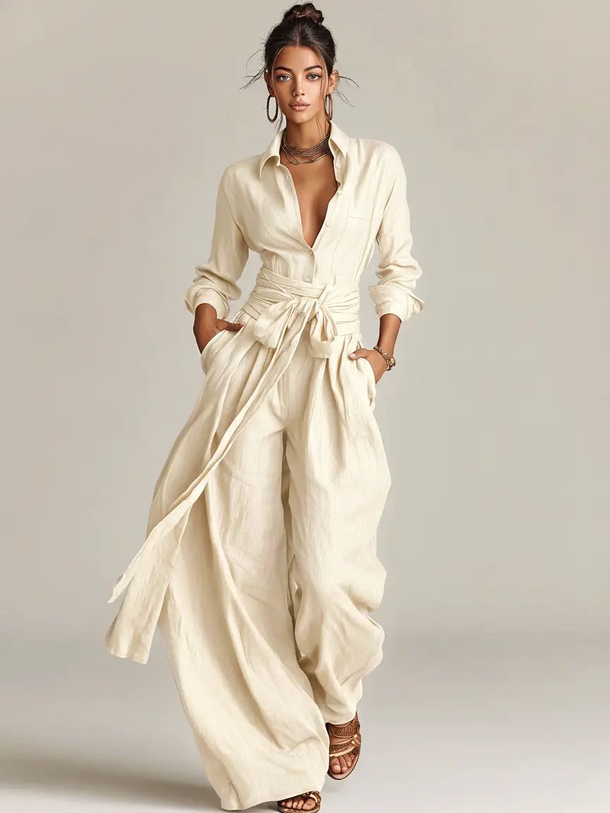 Women's Long-Sleeve Belted Cotton-Linen Shirt-Collar Jumpsuit - White