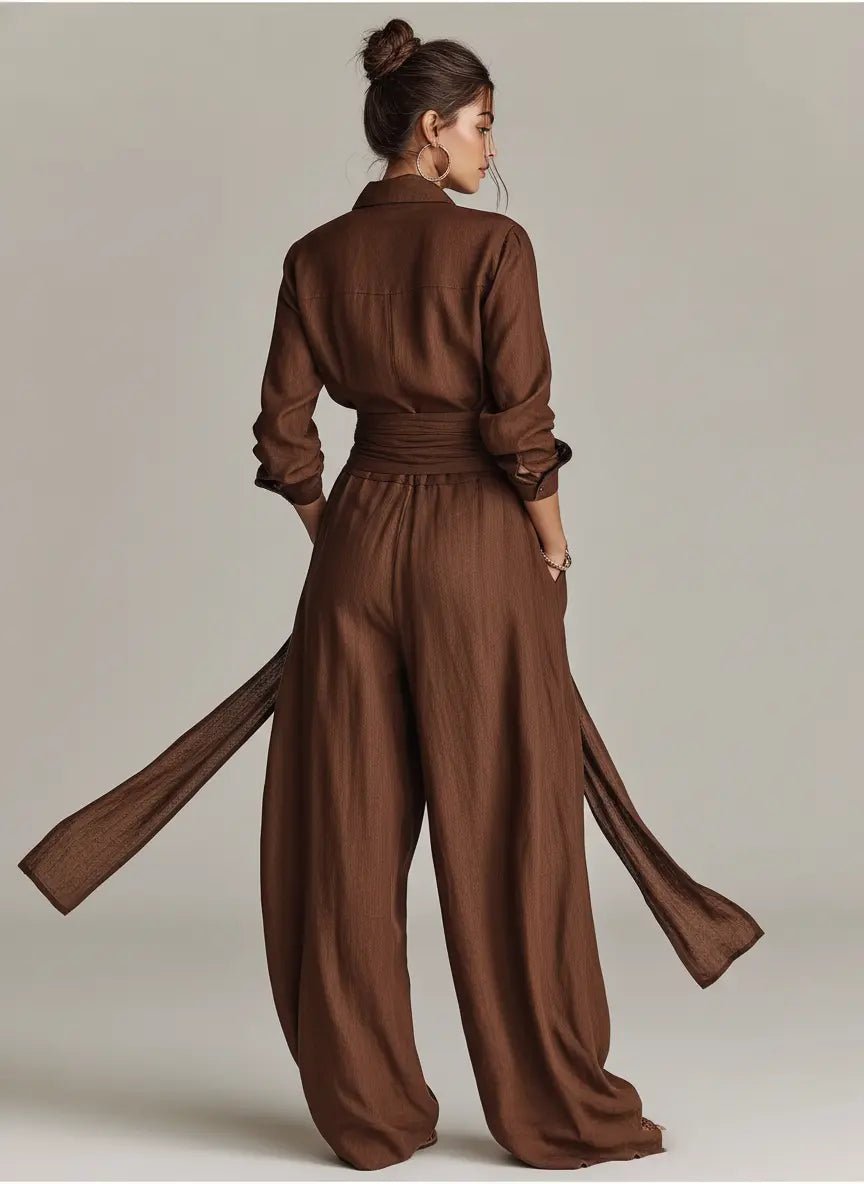 Women's Long-Sleeve Belted Cotton-Linen Shirt-Collar Jumpsuit