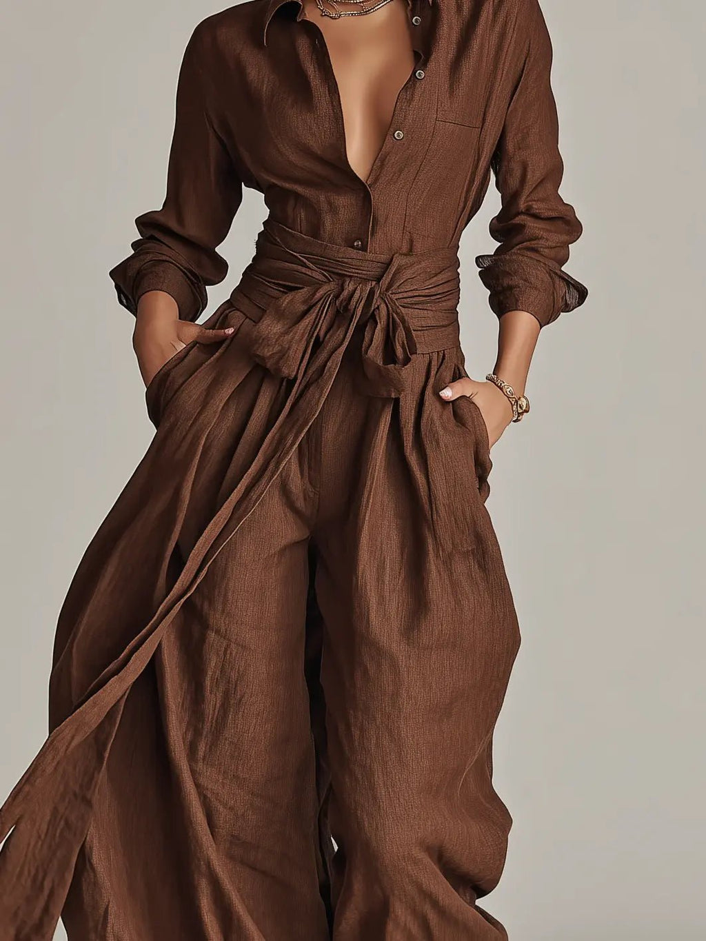 Women's Long-Sleeve Belted Cotton-Linen Shirt-Collar Jumpsuit