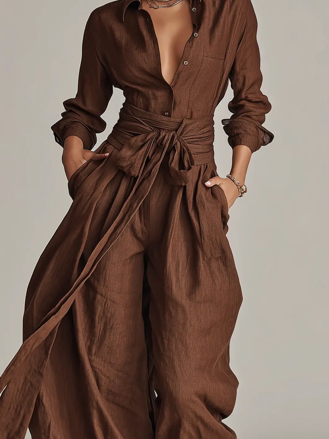 Women's Long-Sleeve Belted Cotton-Linen Shirt-Collar Jumpsuit