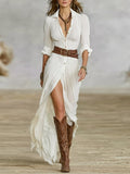 Women's Long-Sleeve Button-Front Flowing Maxi Dress - White