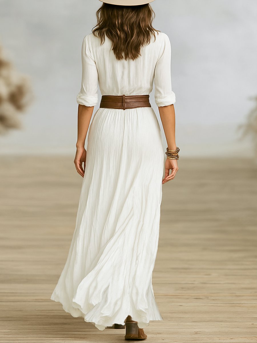 Women's Long-Sleeve Button-Front Flowing Maxi Dress