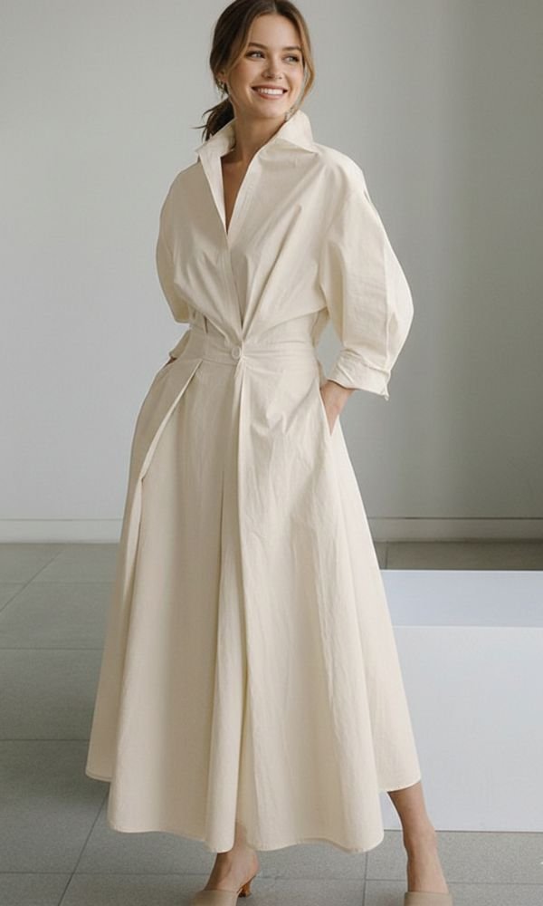 Women's Long-Sleeve Button-Front Maxi Shirt Dress - Beige