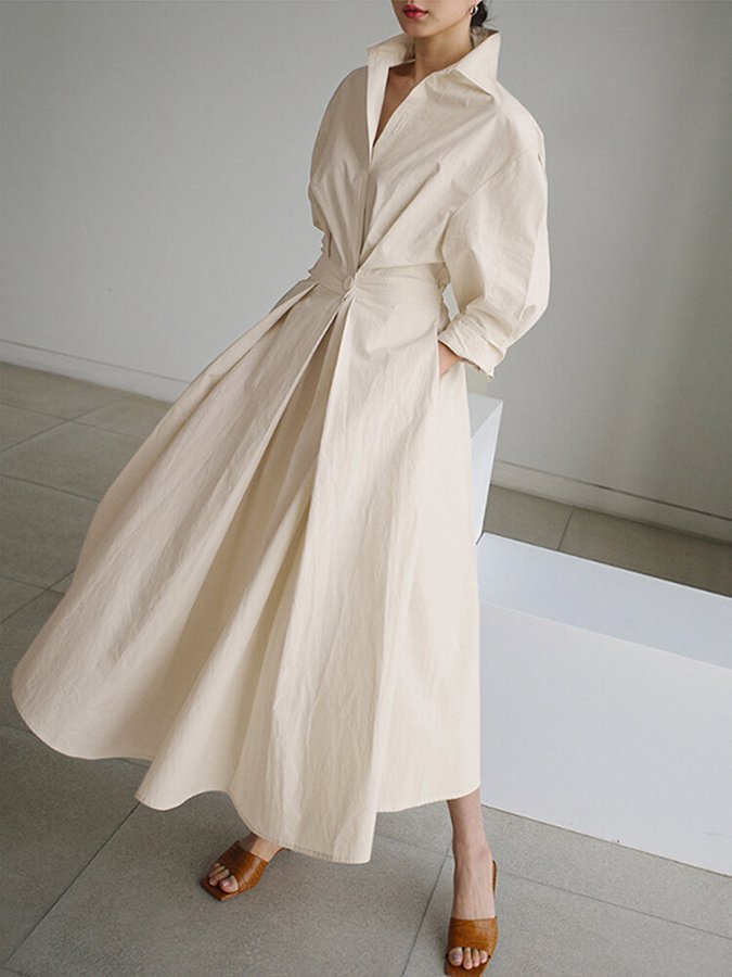 Women's Long-Sleeve Button-Front Maxi Shirt Dress