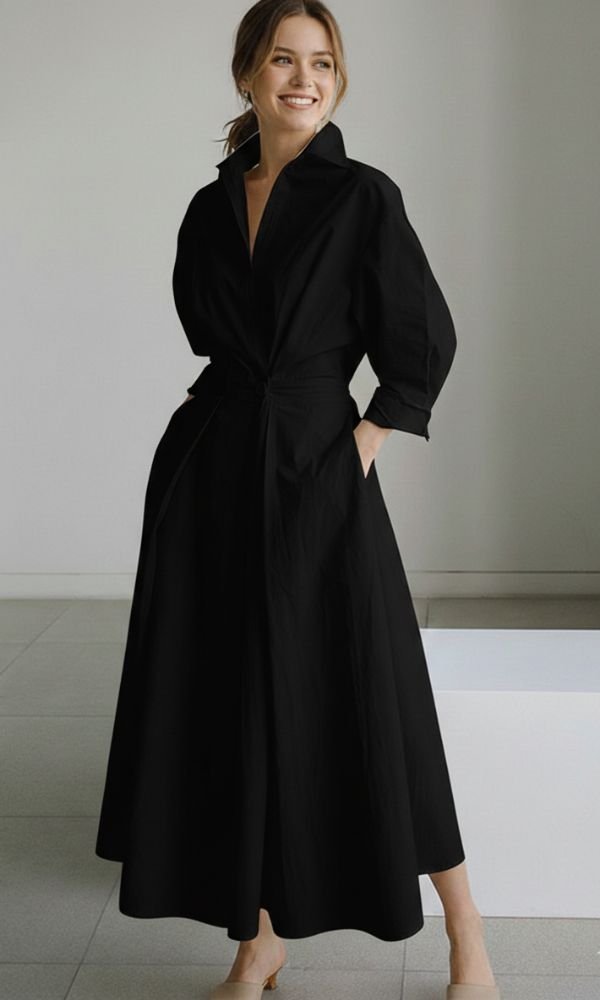 Women's Long-Sleeve Button-Front Maxi Shirt Dress - Black
