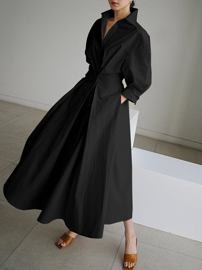 Women's Long-Sleeve Button-Front Maxi Shirt Dress
