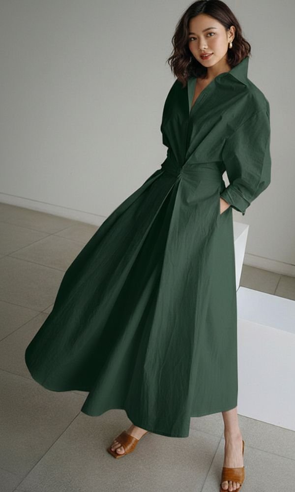 Women's Long-Sleeve Button-Front Maxi Shirt Dress - Army Green