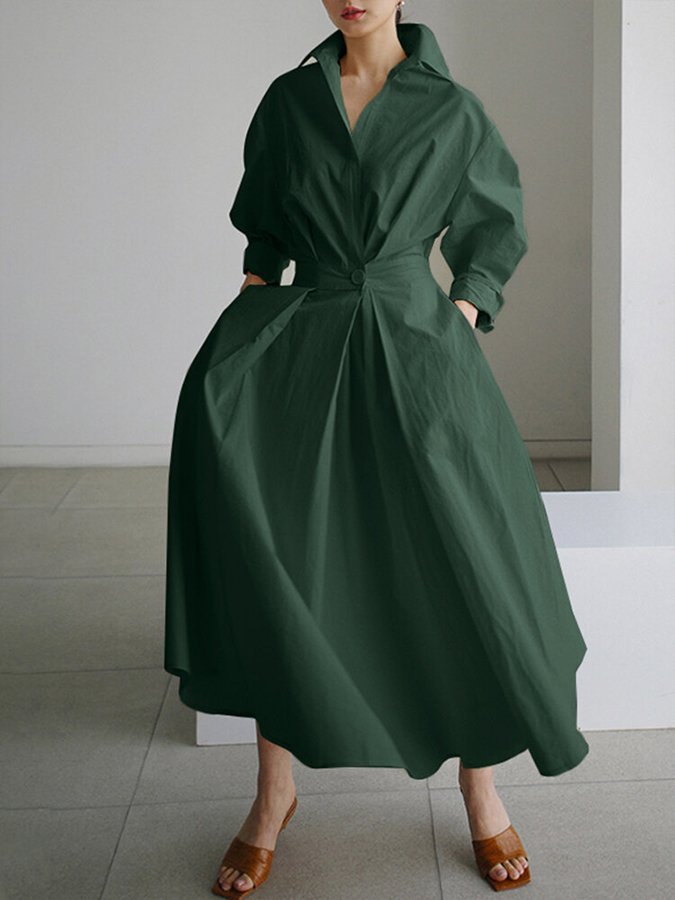 Women's Long-Sleeve Button-Front Maxi Shirt Dress