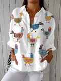 Women's Long-Sleeve Button-Front Whimsical Hen Print Blouse - Multicolor