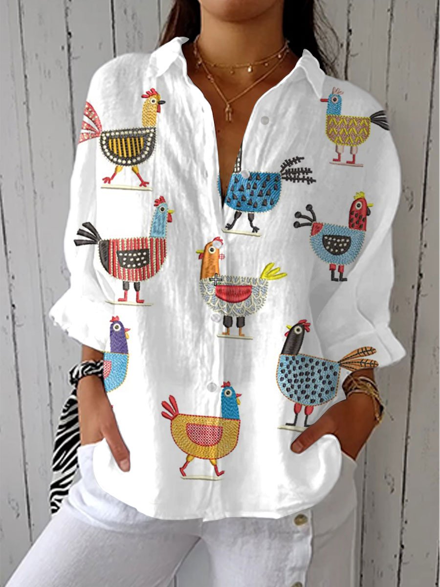 Women's Long-Sleeve Button-Front Whimsical Hen Print Blouse - Multicolor