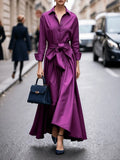 Women's Long-Sleeve Tie-Waist Shirt Maxi Dress - Purple
