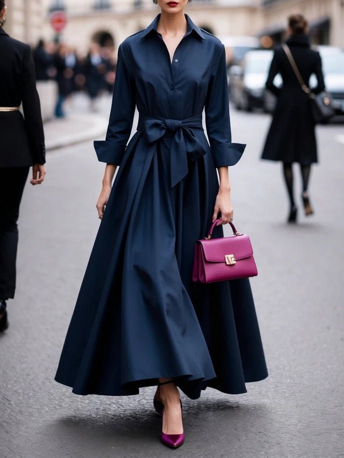 Women's Long-Sleeve Tie-Waist Shirt Maxi Dress - Navy