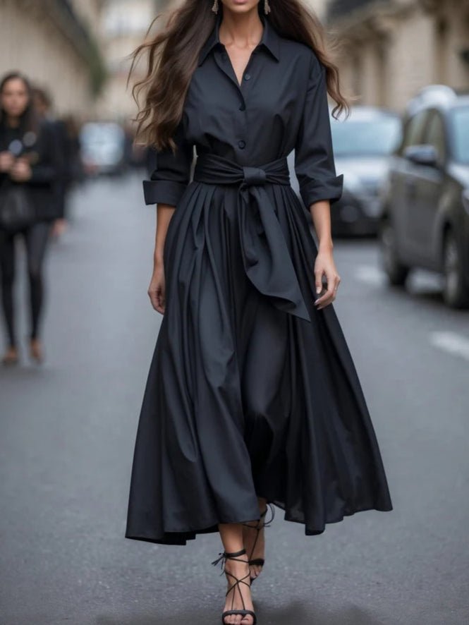 Women's Long-Sleeve Tie-Waist Shirt Maxi Dress - Black