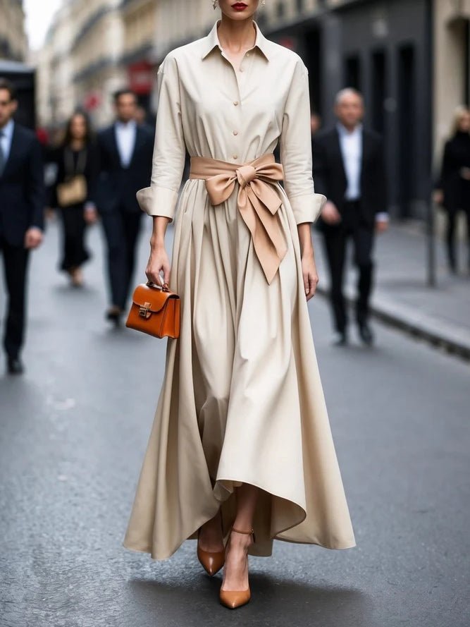 Women's Long-Sleeve Tie-Waist Shirt Maxi Dress - Beige