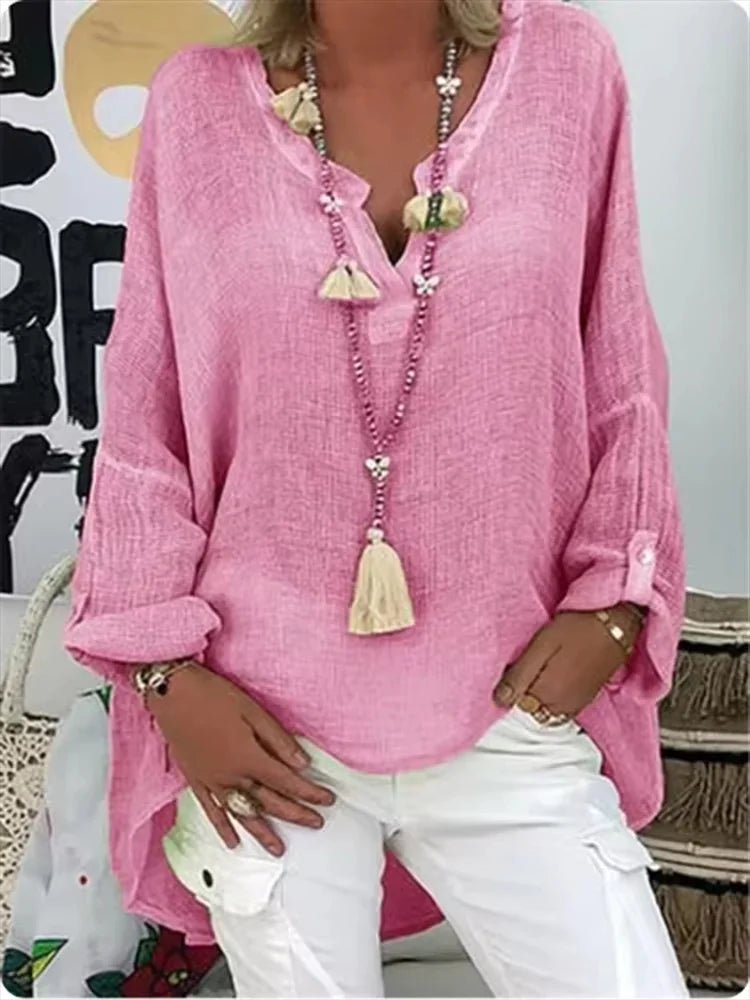 Women's Long Sleeve V-Neck Tunic Top Roll Tab Sleeves - Pink