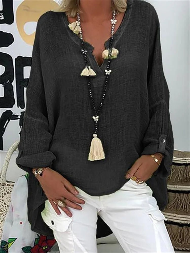 Women's Long Sleeve V-Neck Tunic Top Roll Tab Sleeves - Black