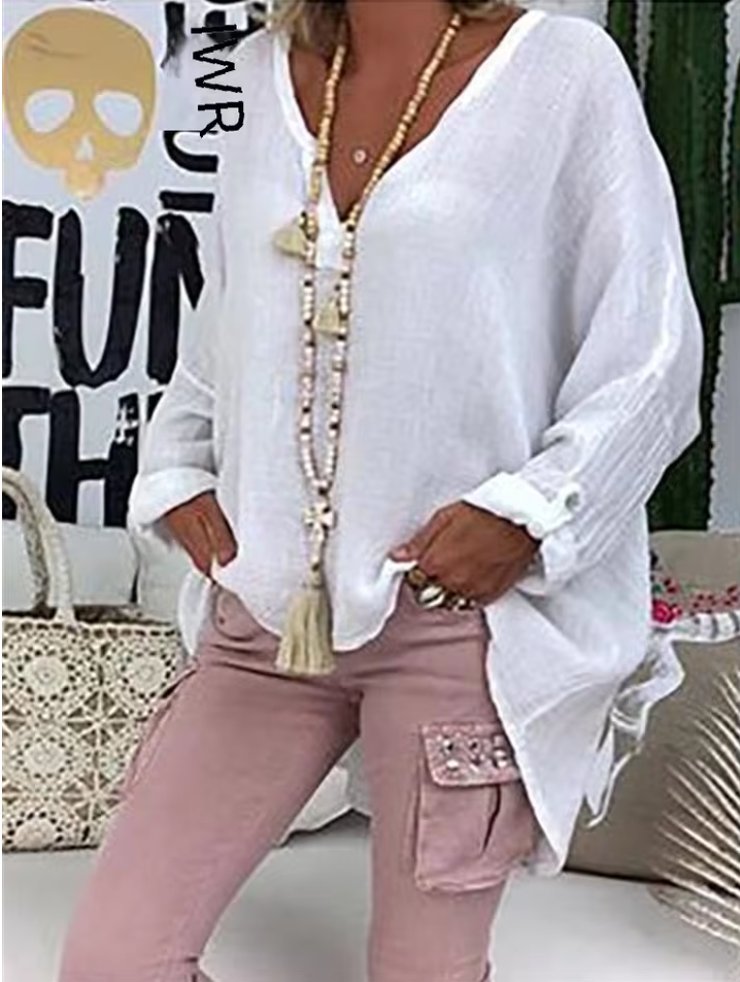 Women's Long Sleeve V-Neck Tunic Top Roll Tab Sleeves - White