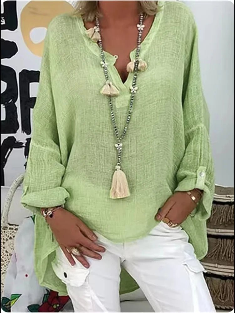 Women's Long Sleeve V-Neck Tunic Top Roll Tab Sleeves - Green