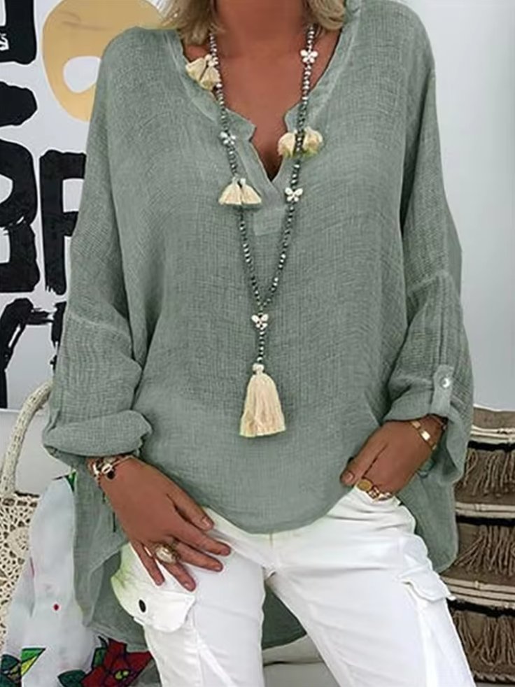 Women's Long Sleeve V-Neck Tunic Top Roll Tab Sleeves - Green Gray