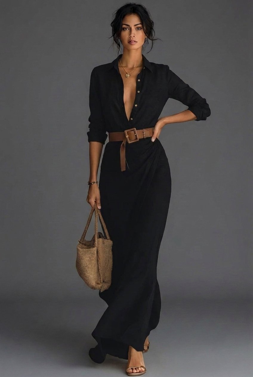 Women's Long Sleeve Wrap Maxi Dress - Black