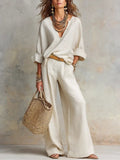 Women's Loose Linen Two-Piece Resort Set - White
