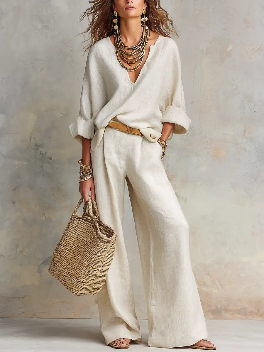 Women's Loose Linen Two-Piece Resort Set - White