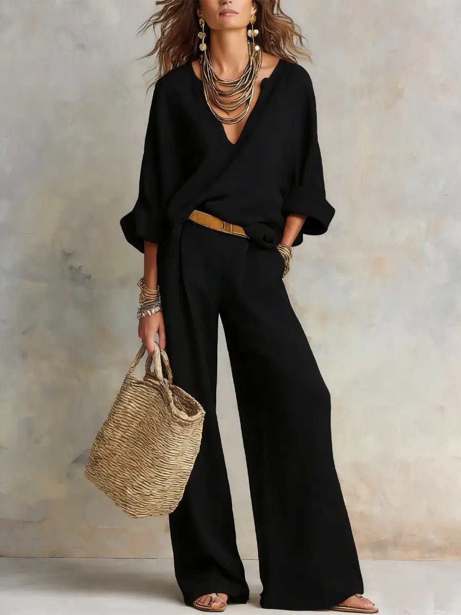 Women's Loose Linen Two-Piece Resort Set - Black