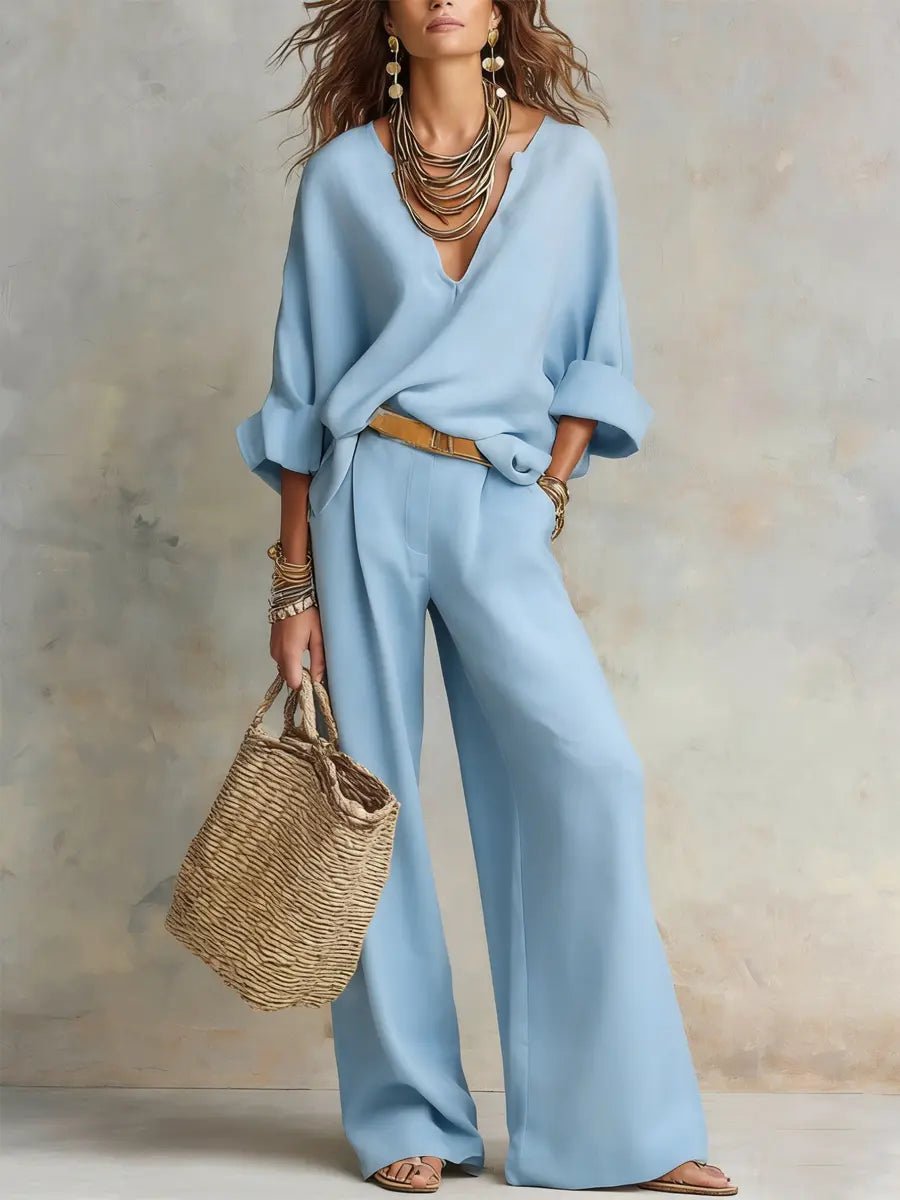 Women's Loose Linen Two-Piece Resort Set - Blue