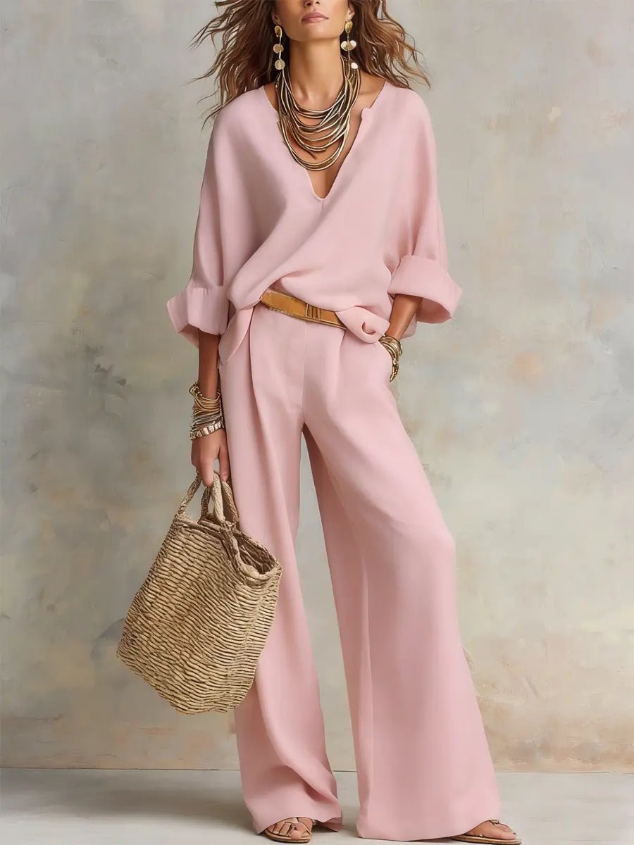 Women's Loose Linen Two-Piece Resort Set - Pink