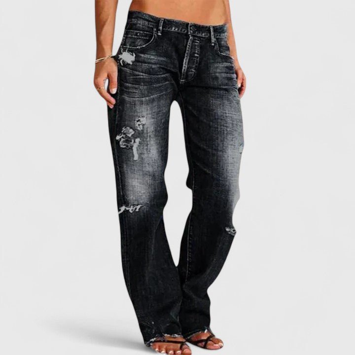 Women's Low-Rise Distressed Straight-Leg Jeans - Black