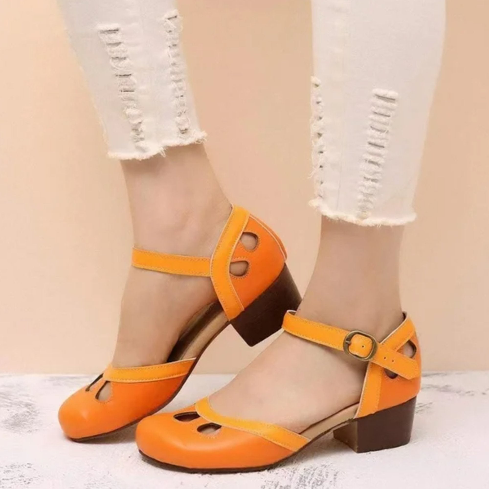 Women's Mary Jane Flats Cutout Toe Ankle Strap - Orange